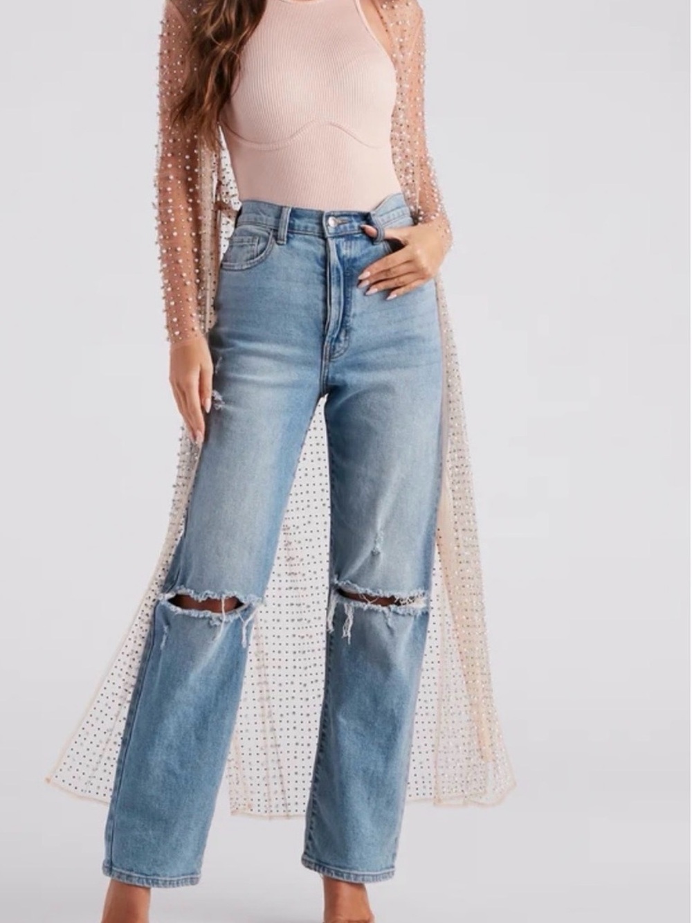 Windsor Sheer Embellished Long Sleeve Maxi Dress in Nude